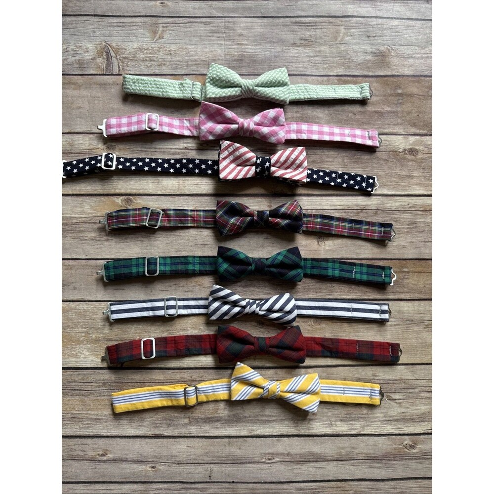 Youth Kids High Cotton Bow Tie Adjustable Lot of 8 Preppy Pink Flag Green Plaid